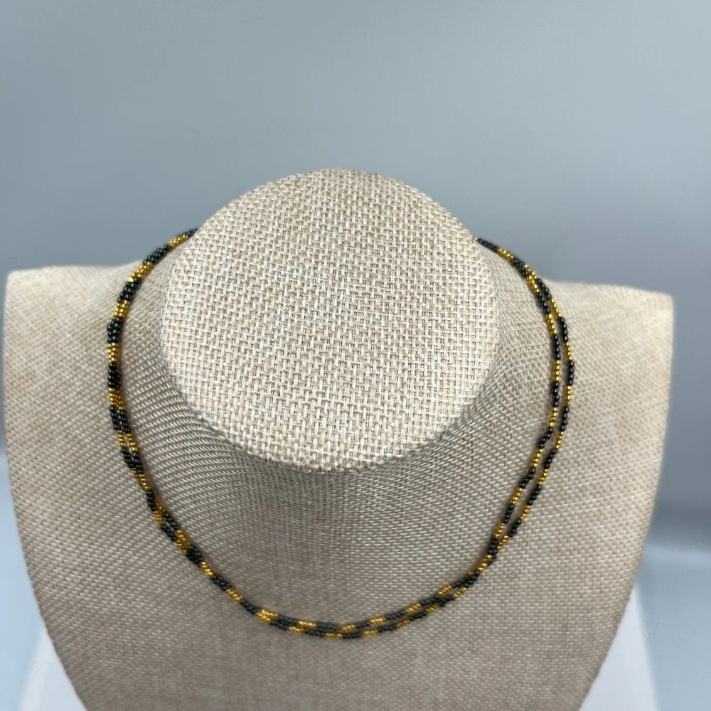 Vintage‎ Black & Gold Seed Bead Necklace Multi Strand Torsade Statement Jewelry
